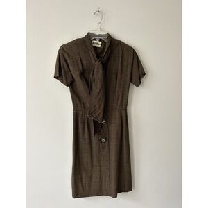 60s Vintage MOD Jack Mauu Tie Detail Brown‎ & Black Plaid Unique Button Dress